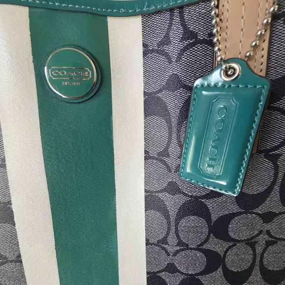 Coach Signature Stripe Large Carryall Tote-Navy Denim Look, Jade Green Stripe - Picture 11 of 16